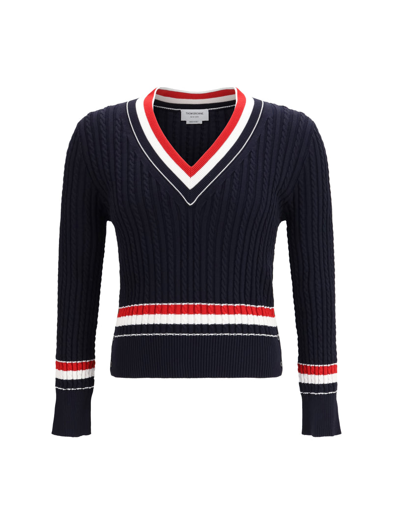 Thom Browne Suéter Thom Browne de punto intarsia con cuello en V Azul marino - World Class Fashion