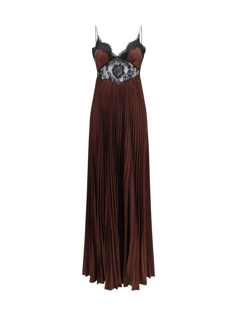 Self-portrait Self-portrait Satin Long Dress With Lace Inserts Brown - World Class Fashion
