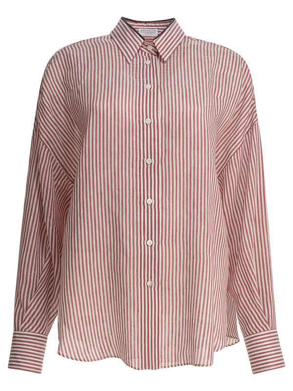 Brunello Cucinelli Linen And Silk Striped Organza Shirt With Shiny Collar Detail