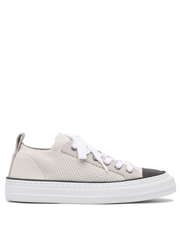 Brunello Cucinelli Cotton Knit And Suede Sneaker With Precious Toe