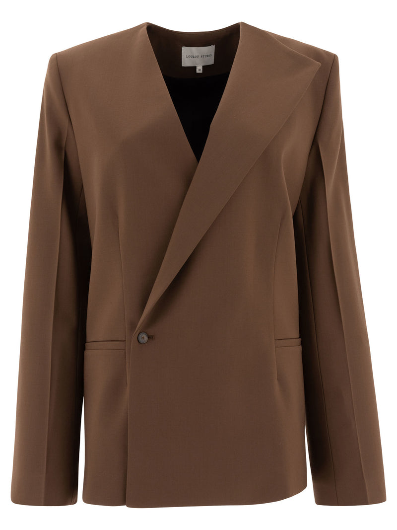 Loulou Studio Loulou Studio Blazer Asimétrico de Sarga de Lana Marrón - World Class Fashion
