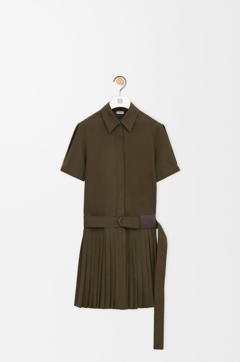 Loewe Vestido plisado con cinturón Loewe verde caqui - World Class Fashion