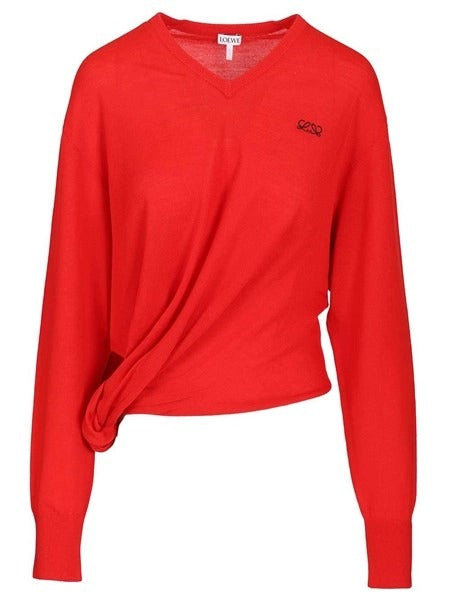 Loewe Loewe Prendas de punto de cuello redondo con drapeado rojo - World Class Fashion