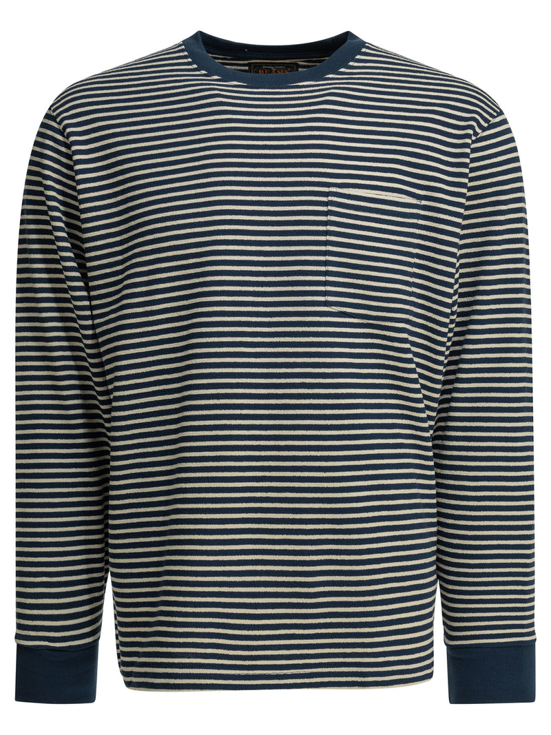 Beams Plus Beams Plus Camiseta de cuello redondo a rayas azul - World Class Fashion