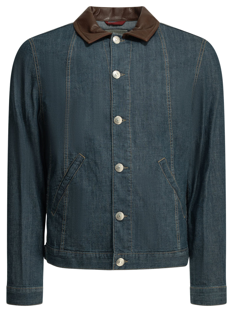 Brunello Cucinelli Brunello Cucinelli Denim Jacket with Leather Collar Blue - World Class Fashion