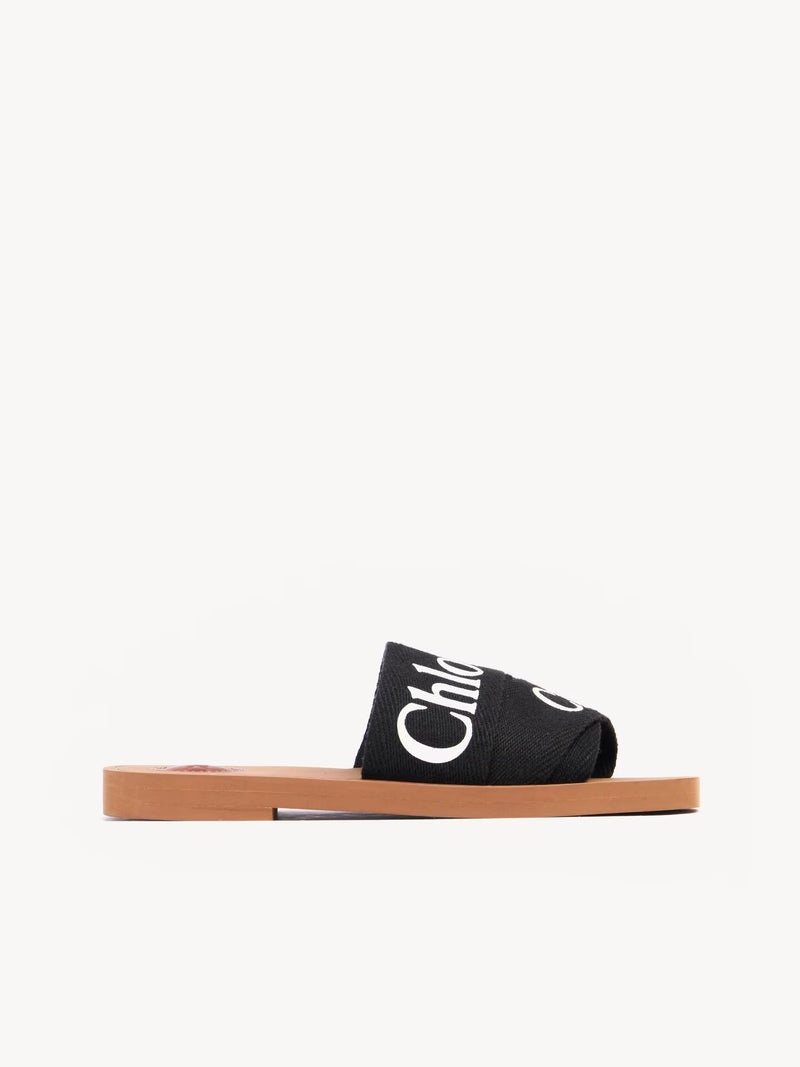 Chloe Chloé Woody Slides Black Linen Leather Women - World Class Fashion