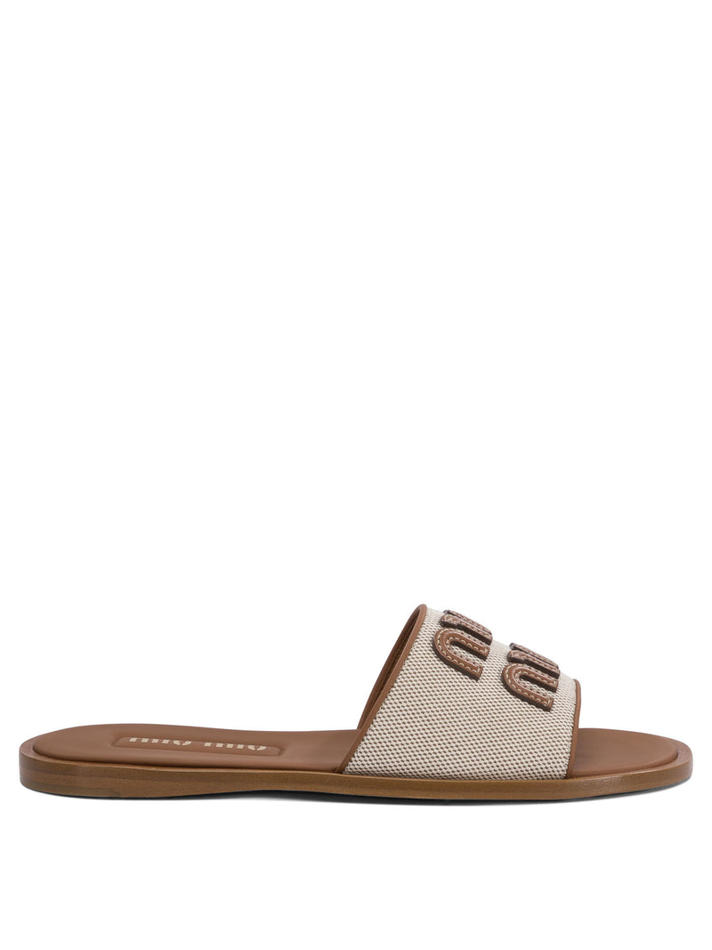 Miu Miu Miu Miu Leather and Canvas Slide Brown Women - World Class Fashion