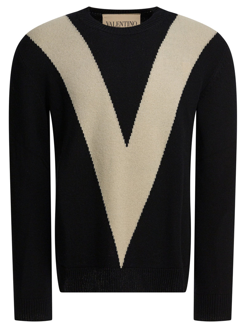 Valentino Suéter Valentino de Lana Negra con V Incrustada para Hombre - World Class Fashion