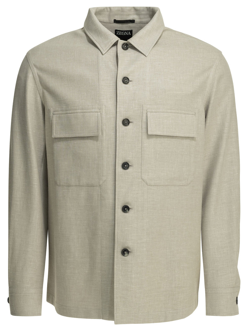 Zegna Zegna Linen Wool Blend Overshirt Jacket Beige - World Class Fashion