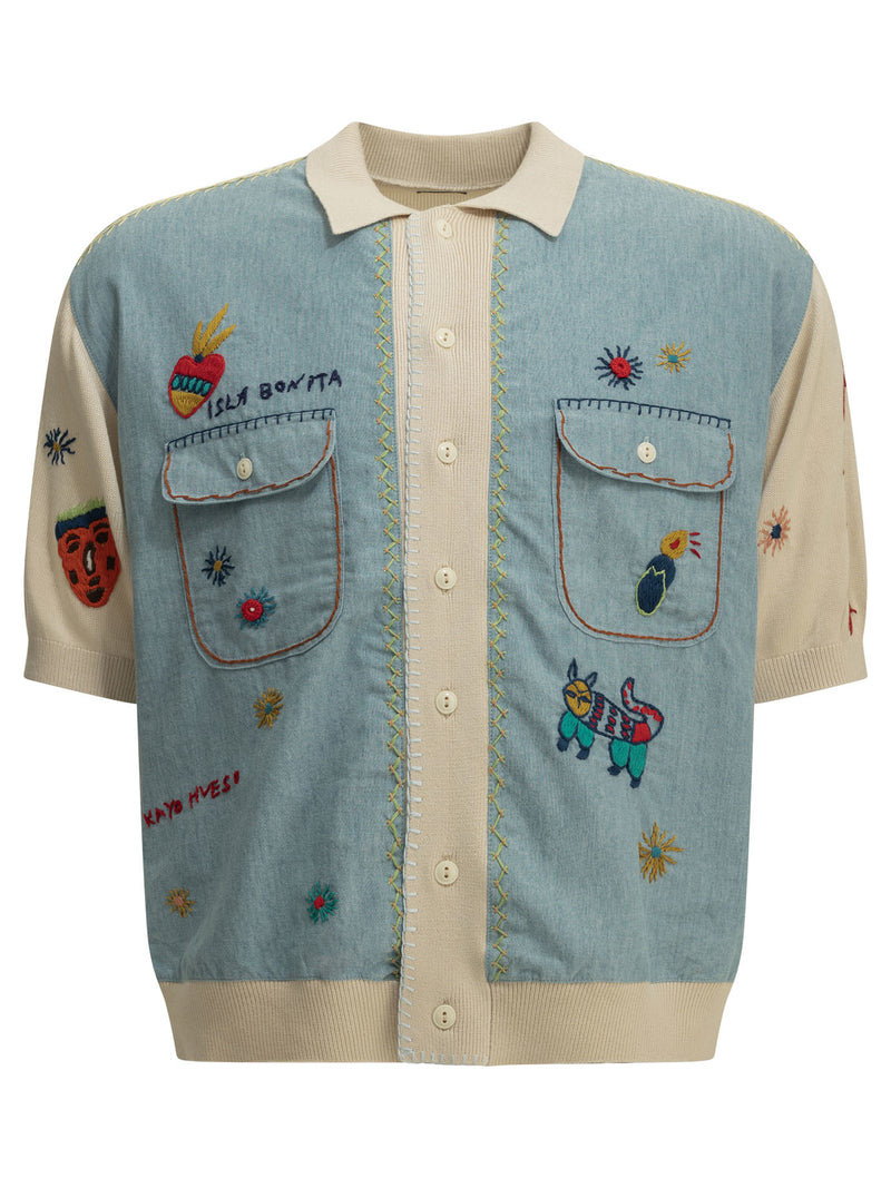 Kapital Kapital Knit X Chambray Polo Shirt Beige Men - World Class Fashion