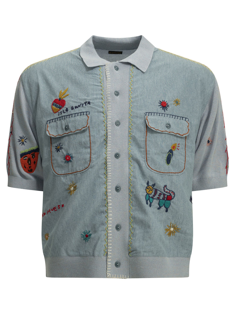 Kapital Kapital Knit X Chambray Polo Shirt Light Blue - World Class Fashion