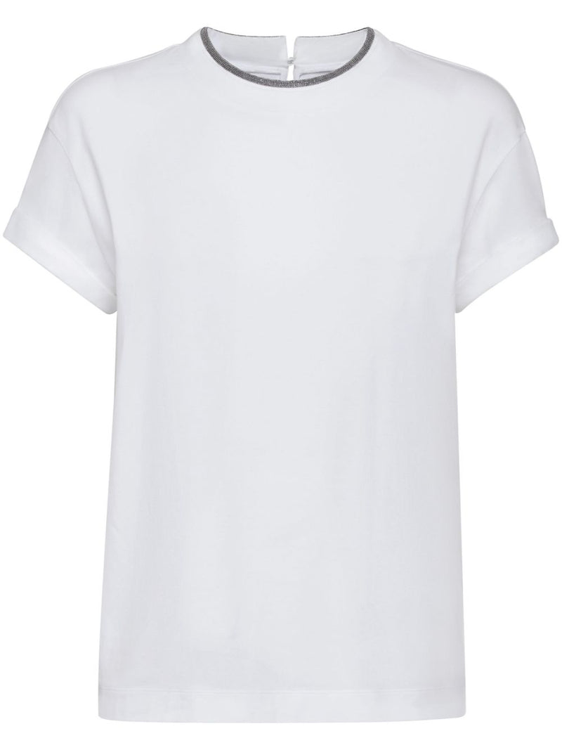 Brunello Cucinelli Brunello Cucinelli Camiseta de algodón con cuello bordado blanca - World Class Fashion