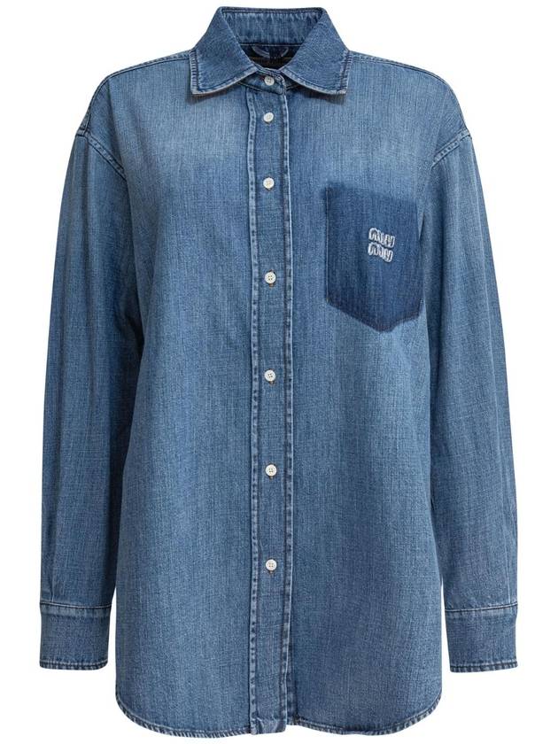Miu Miu Miu Miu Cotton Shirt with Logo Light Blue - World Class Fashion