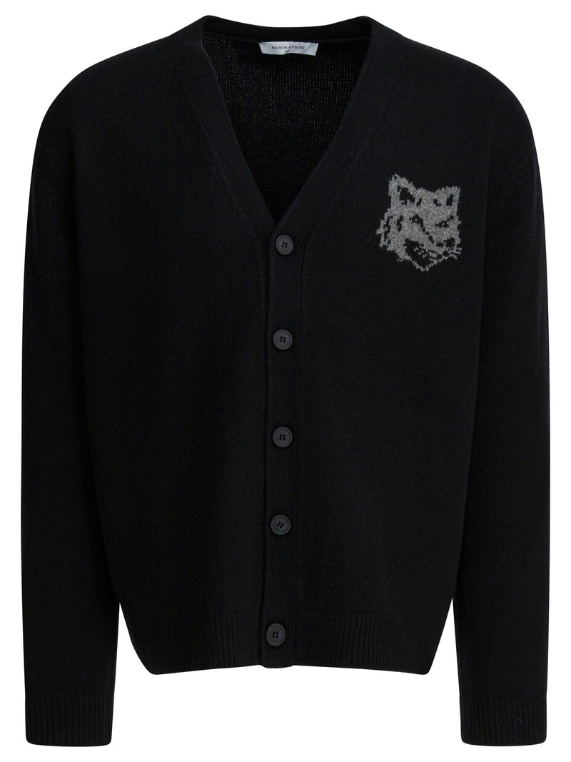 Maison Kitsuné Cárdigan de merino Maison Kitsuné con intarsia de cabeza de zorro, color negro - World Class Fashion