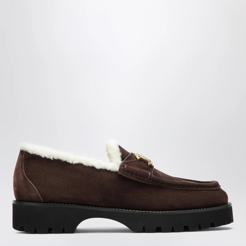 Valentino Garavani Valentino Garavani Vlogo Suede and Shearling Loafers Brown - World Class Fashion