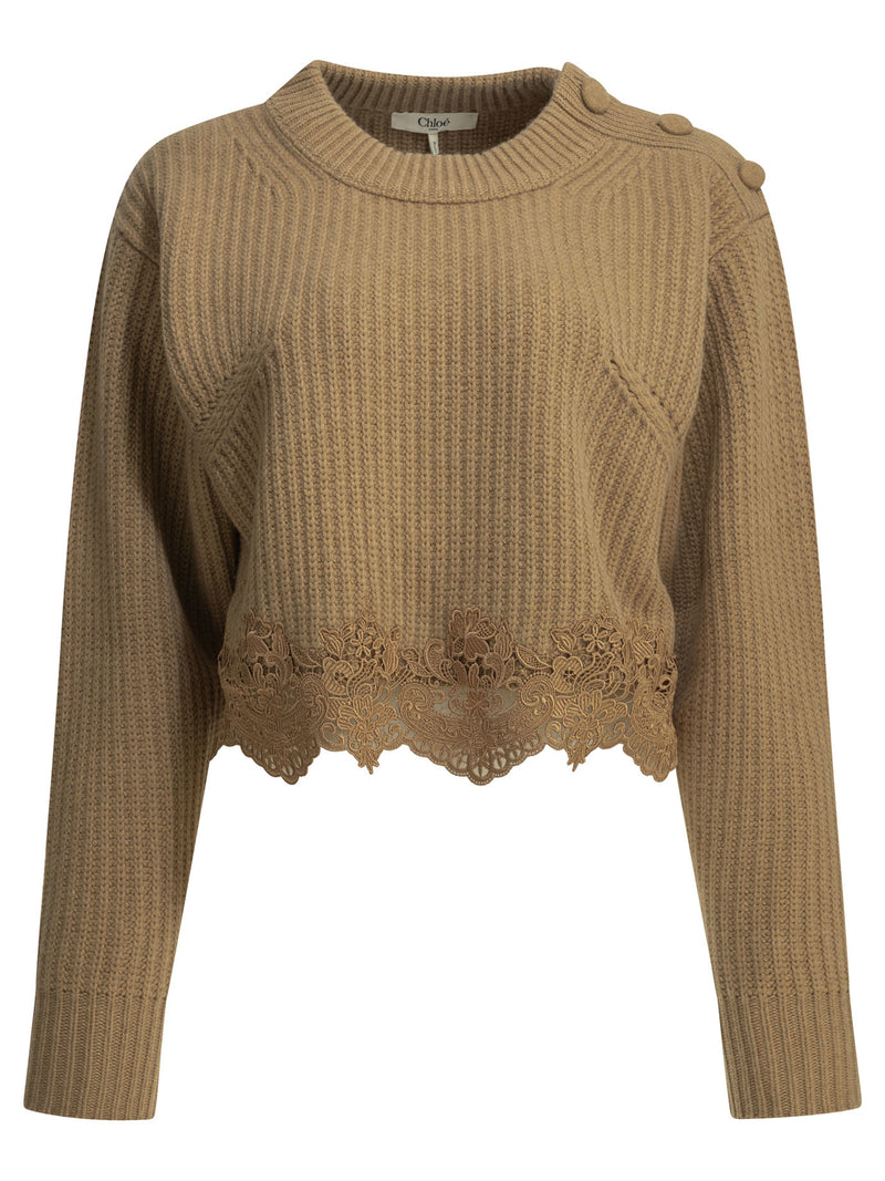 Chloe Chloé Crew-neck Sweater with Lace Brown - World Class Fashion