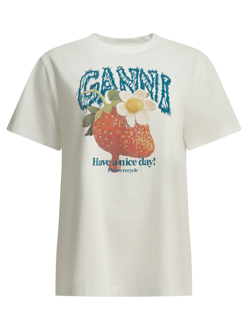 Ganni Ganni Strawberry Crew-neck T-shirt White - World Class Fashion