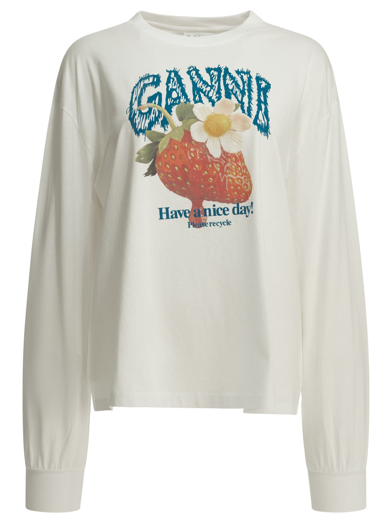 Ganni Camiseta blanca con cuello redondo y estampado de fresas Ganni - World Class Fashion