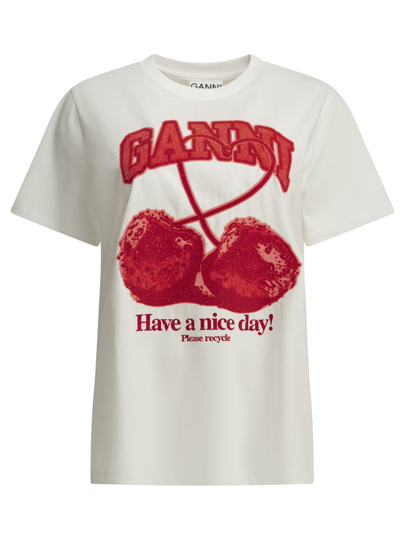 Ganni Ganni Cherries Crewneck T-shirt White - World Class Fashion