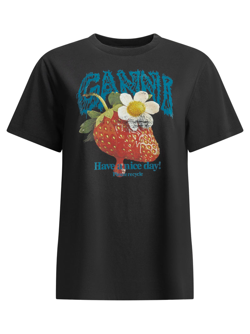Ganni Ganni Strawberry Crew-neck T-shirt Black - World Class Fashion