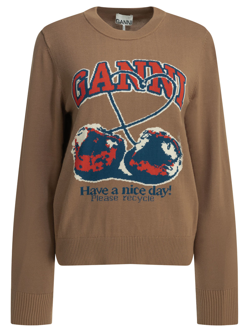 Ganni Ganni Cherry Crewneck Sweater Brown - World Class Fashion