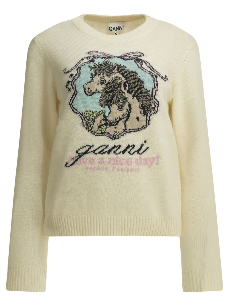 Ganni Ganni Horses Crew-neck Sweater White - World Class Fashion