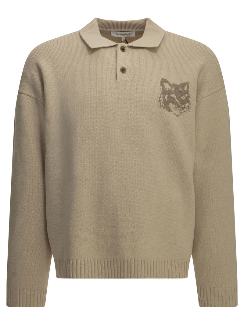 Maison Kitsuné Maison Kitsuné Fox Head Polo Sweater Beige - World Class Fashion