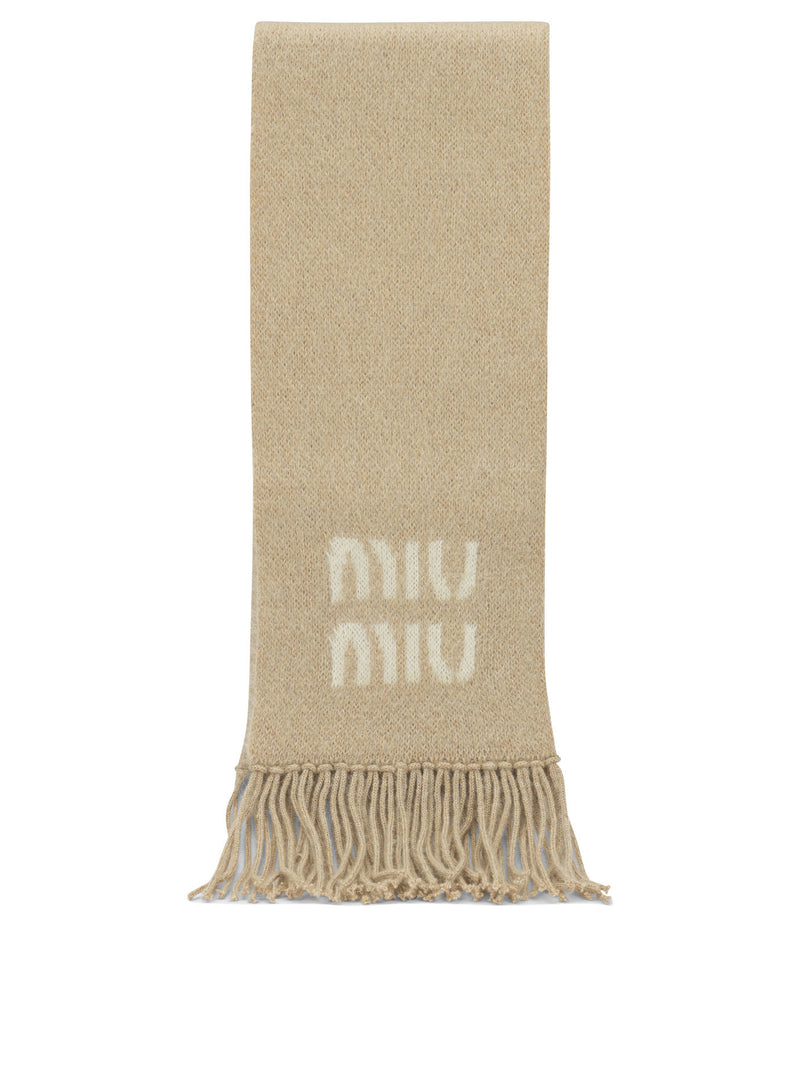 Miu Miu Miu Miu Merino Wool Fringed Scarf Beige - World Class Fashion