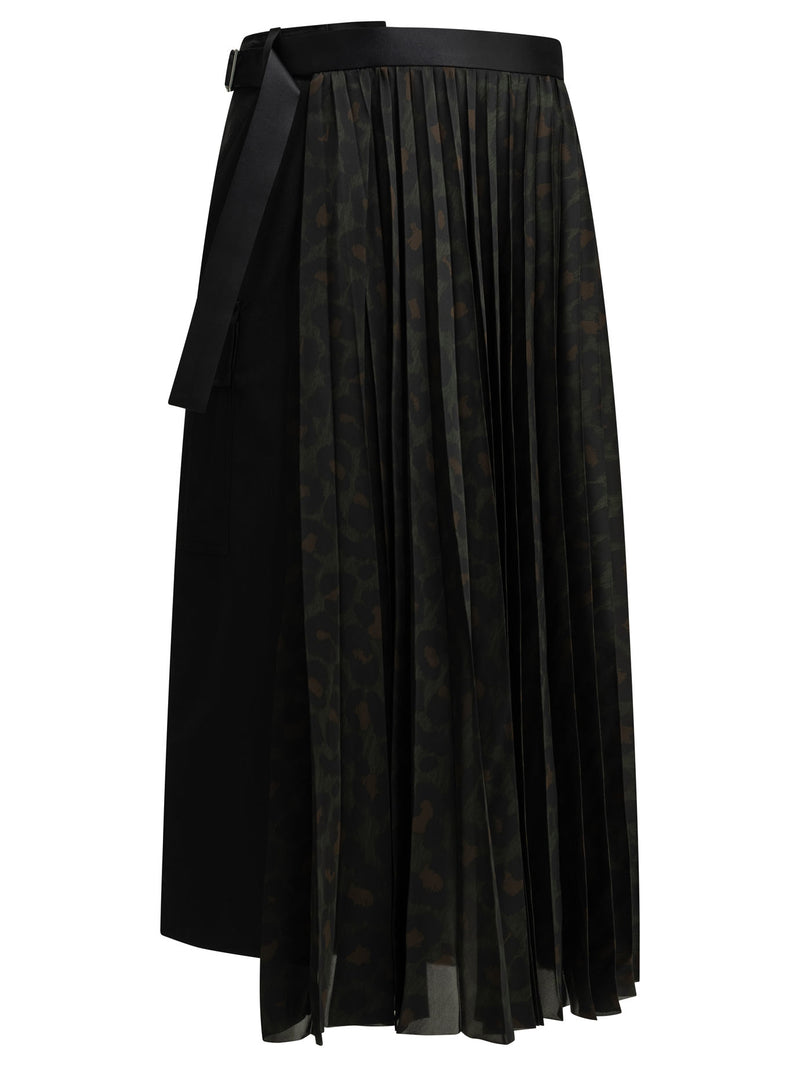 Sacai Sacai Pleated Leopard Midi Skirt Black - World Class Fashion