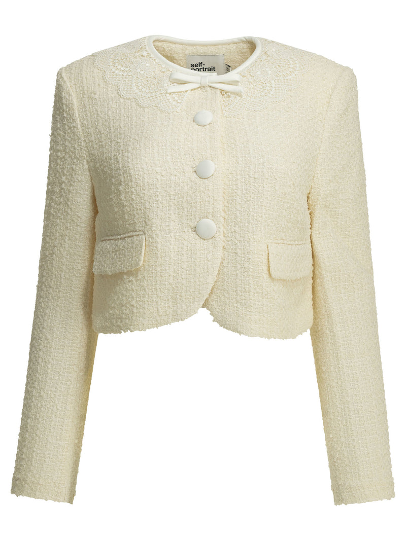Self-portrait Self-portrait Bouclé Blazer with Lace Details White - World Class Fashion