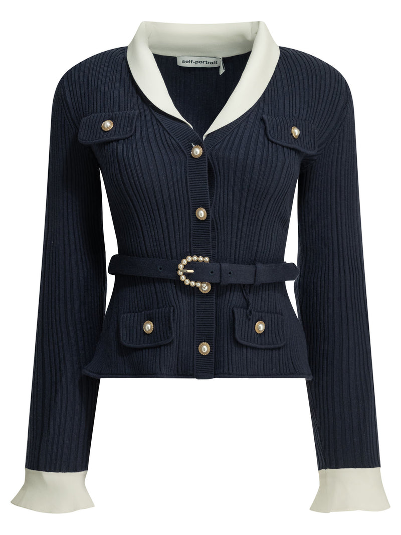 Self-portrait Self-portrait Woven Knit Cardigan Navy Women - World Class Fashion