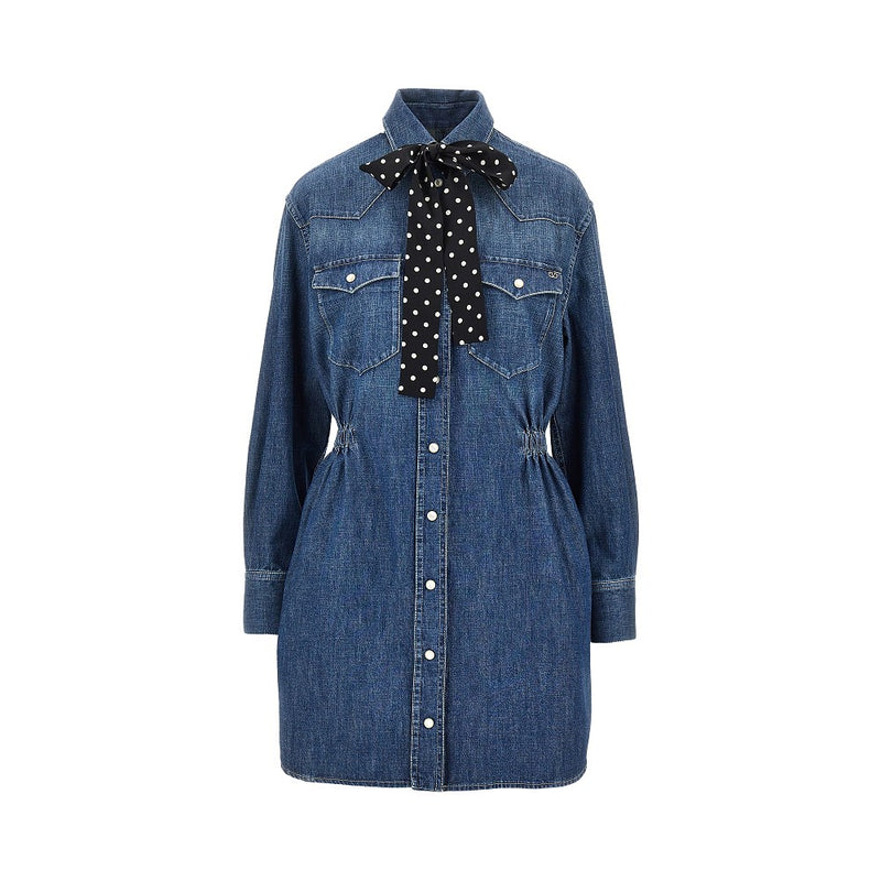 Valentino Valentino Denim Mini Dress with Silk Bow Blue - World Class Fashion