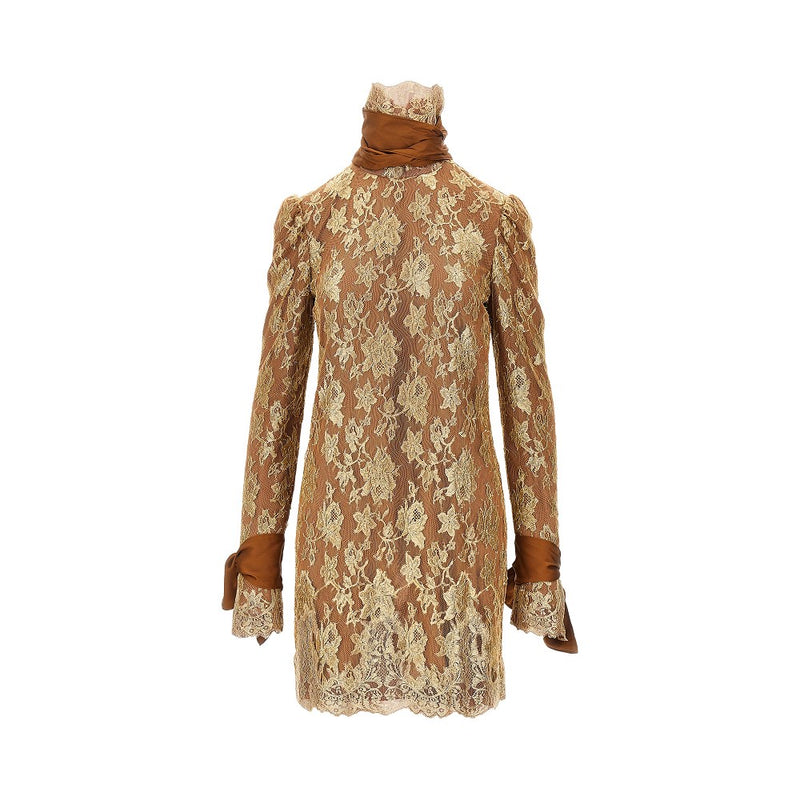 Saint Laurent Saint Laurent Metallized Lace Silk Mini Dress Gold - World Class Fashion