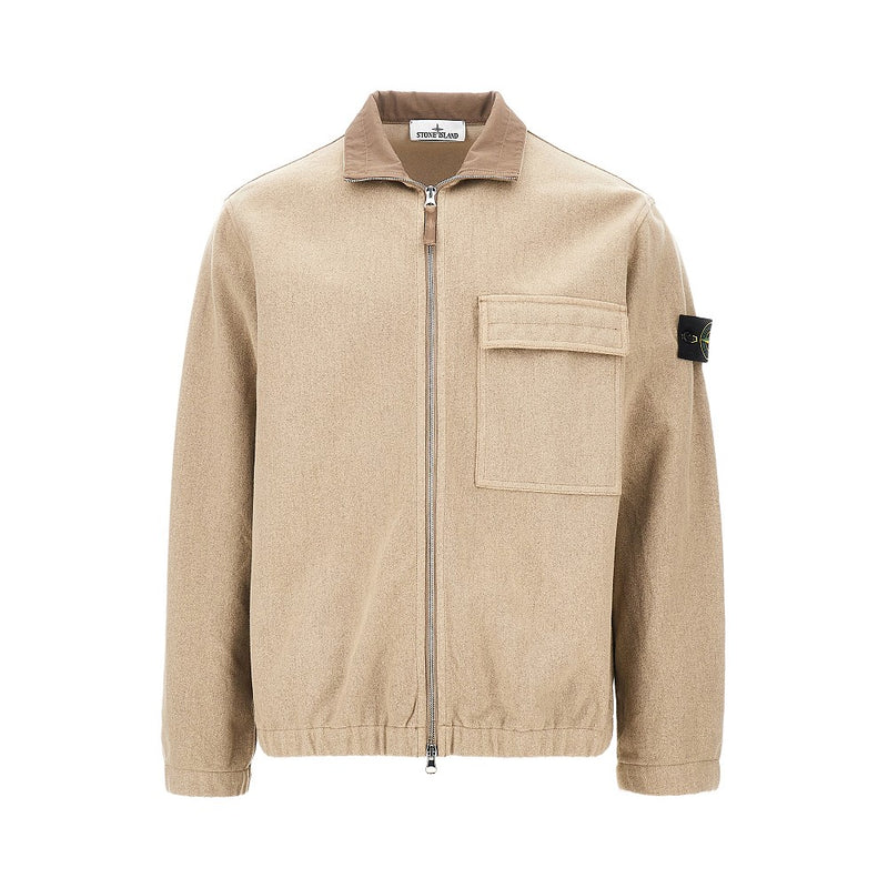 Stone Island Stone Island Wool-blend Full-zip Overshirt Beige - World Class Fashion