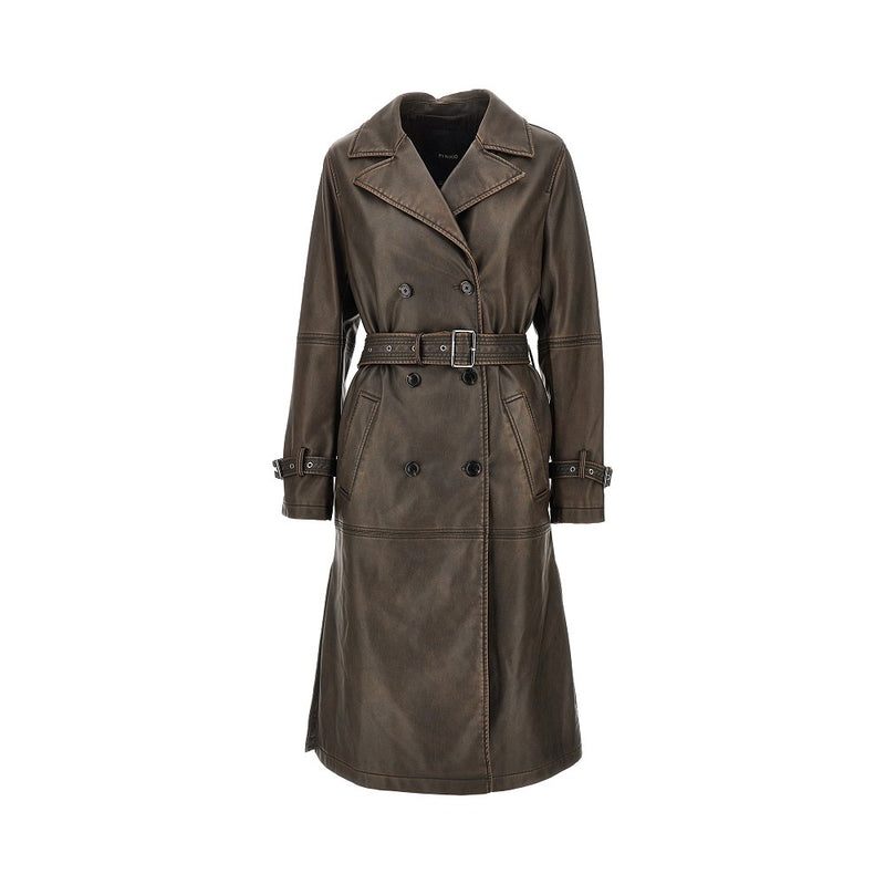 Pinko Pinko Vintage Effect Faux Leather Trench Coat Brown - World Class Fashion