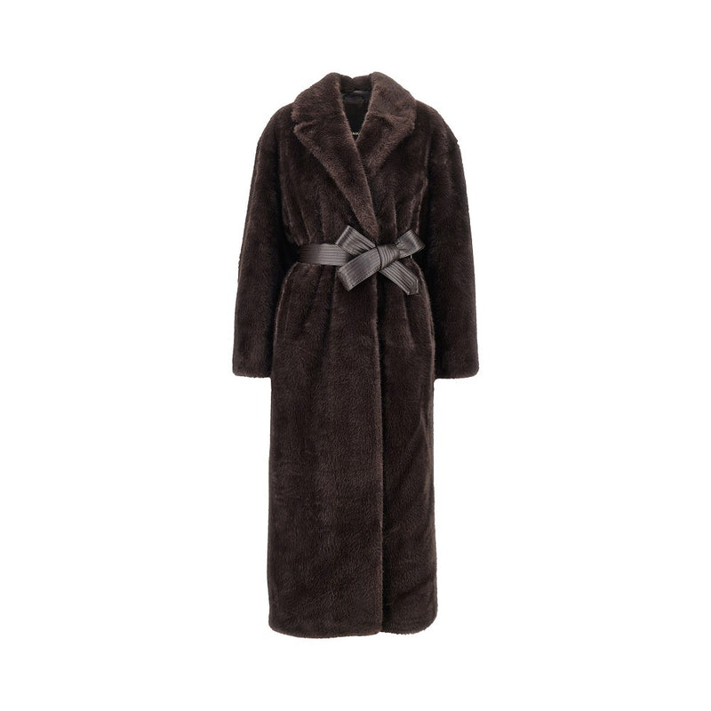 Pinko Pinko Faux Fur Long Coat with Belt Brown Women - World Class Fashion