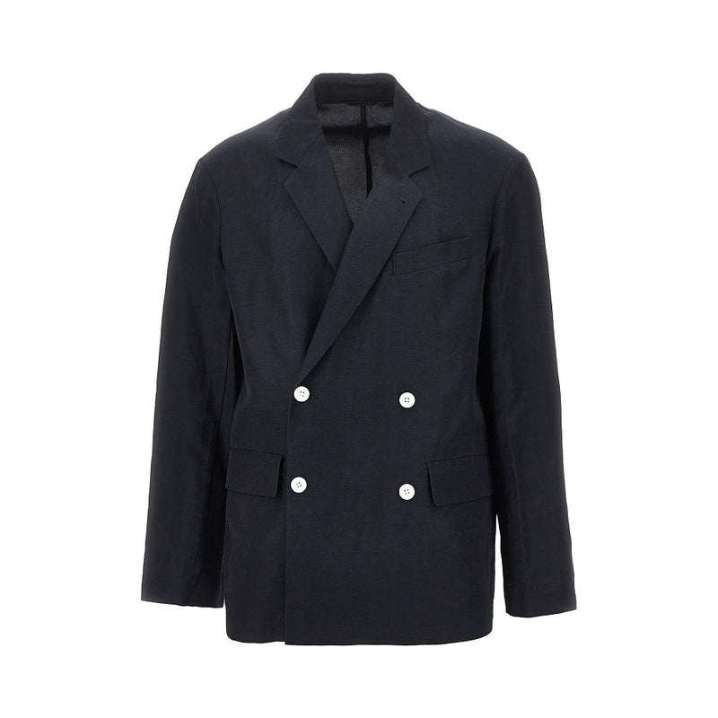 Emporio Armani Emporio Armani Linen-blend Double-breasted Jacket Blue - World Class Fashion