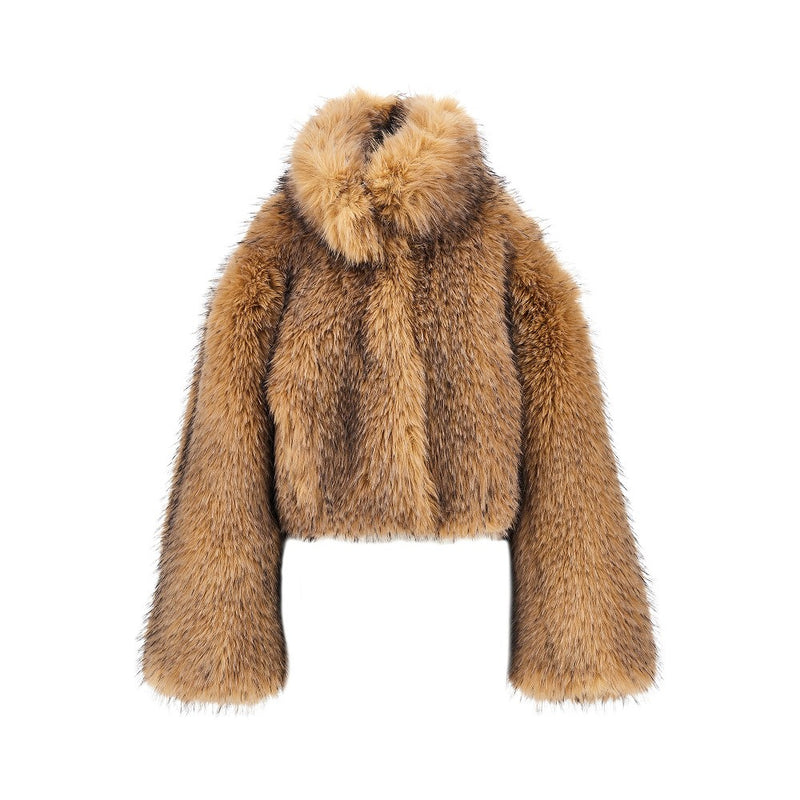 Rotate Rotate Faux Fur Cropped Jacket Beige - World Class Fashion