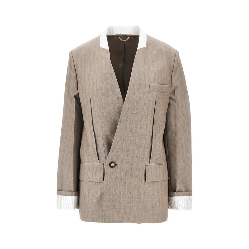 Victoria Beckham Victoria Beckham Collarless Wool Jacket Beige - World Class Fashion