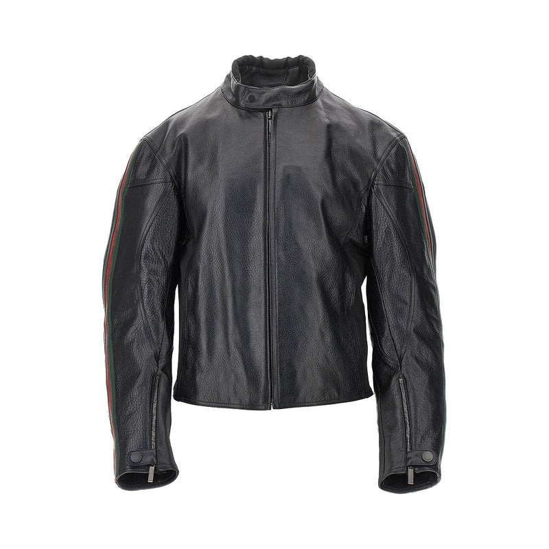 Gucci Gucci Leather Biker Jacket With Web Details Black - World Class Fashion