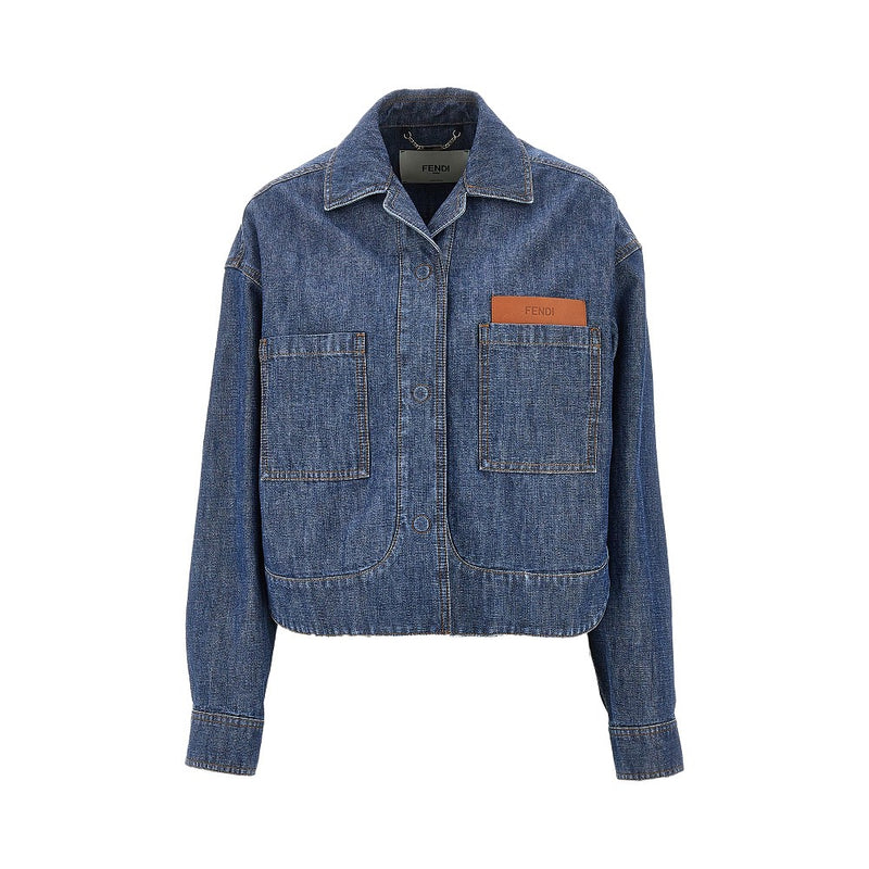 Fendi Fendi Chambray Short Jacket with Leather Pocket Blue - World Class Fashion