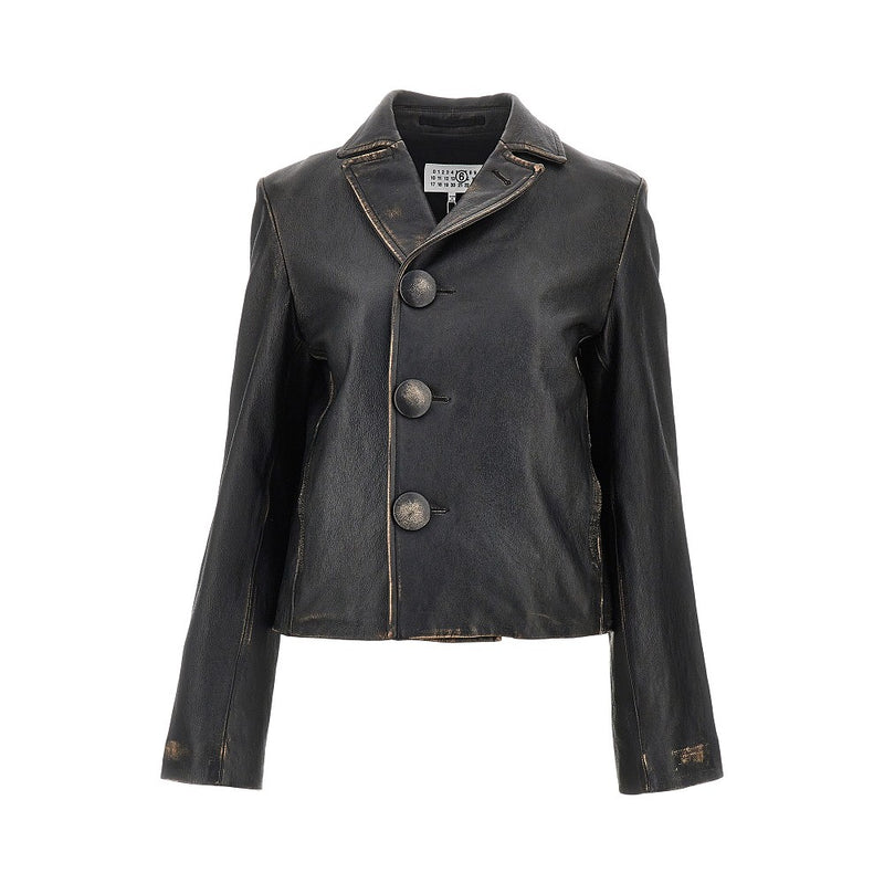 Mm6 Mm6 Vintage-effect Leather Jacket Black - World Class Fashion