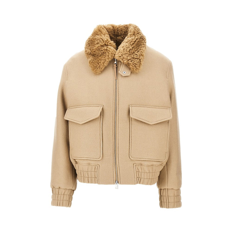Ami Ami Wool Bomber Jacket with Shearling Collar Beige - World Class Fashion