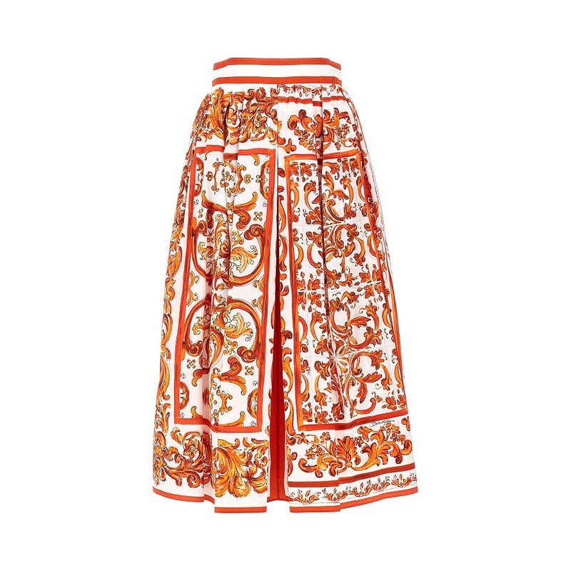 Dolce&gabbana Dolce&gabbana Majolica Print Poplin Midi Skirt Orange - World Class Fashion