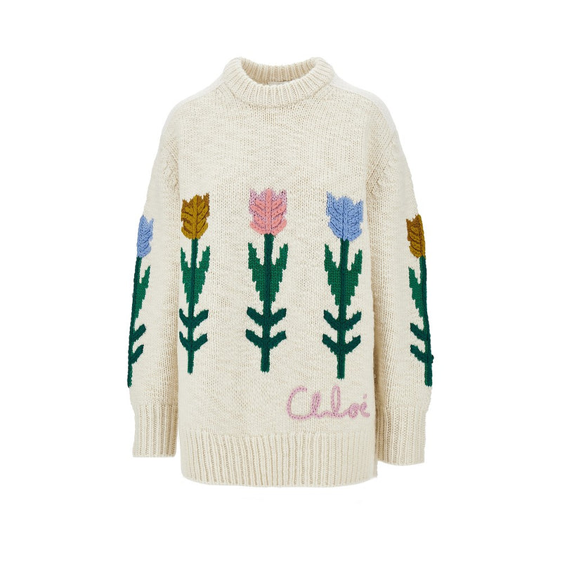 Chloe Chloe Flowers Intarsia Oversized Wool Sweater White - World Class Fashion