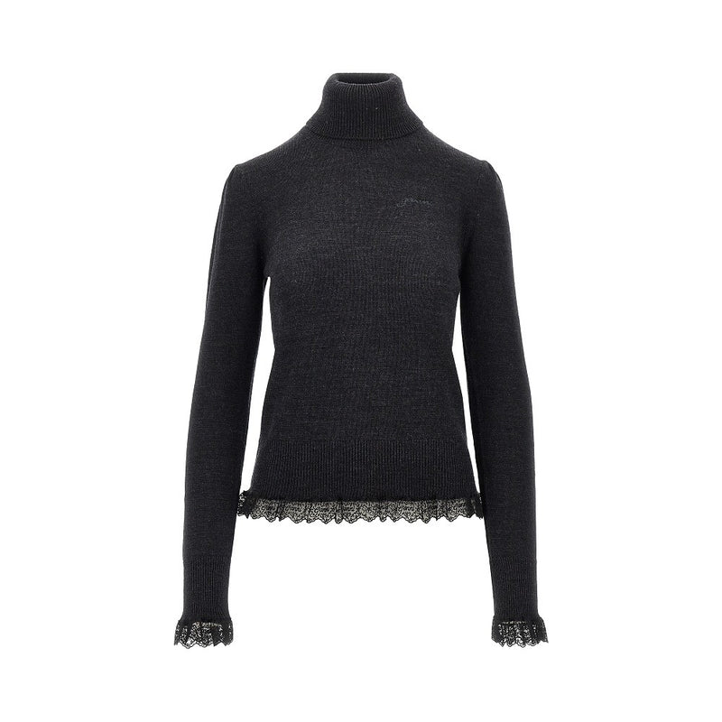 Ganni Ganni Merino Wool Sweater with Lace Trimming Grey - World Class Fashion