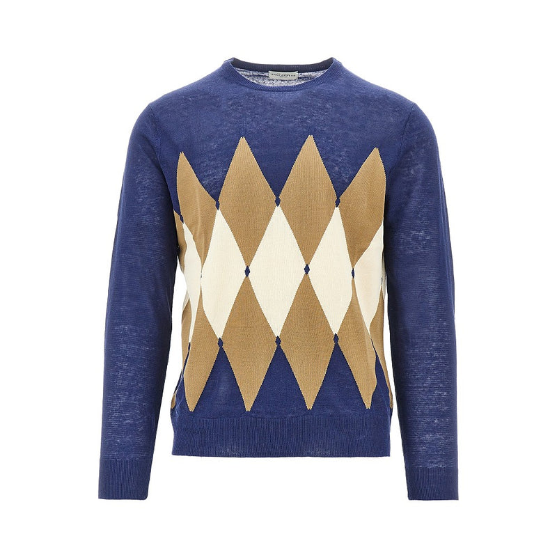 Ballantyne Ballantyne Linen and Cotton Lozenge Sweater Blue - World Class Fashion
