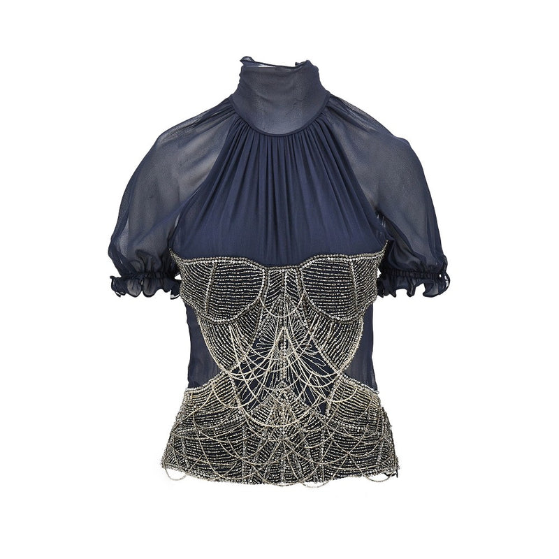 The Attico The Attico Silk Georgette Top with Beads Blue - World Class Fashion