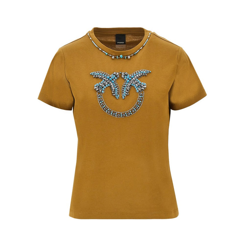 Pinko Pinko Beaded Love Birds T-shirt Brown - World Class Fashion