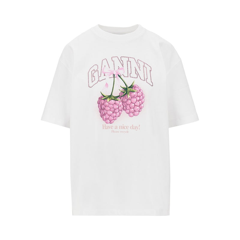 Ganni Ganni Cotton T-shirt with Raspberries Print White - World Class Fashion